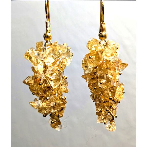 Genuine Citrine Chip Cluster Gold Tone Dangle Earrings - Picture 1 of 9